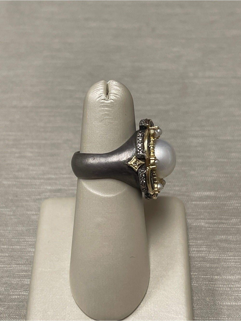 NWOT Armenta Blackened Sterling Silver, Pearl & Champagne Diamond Cocktail Ring - Picture 3 of 4